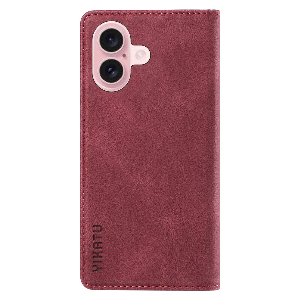 YIKATU YK-004 For iPhone 16 Case Magnetic Closing Wallet Phone Leather Cover - Wine Red