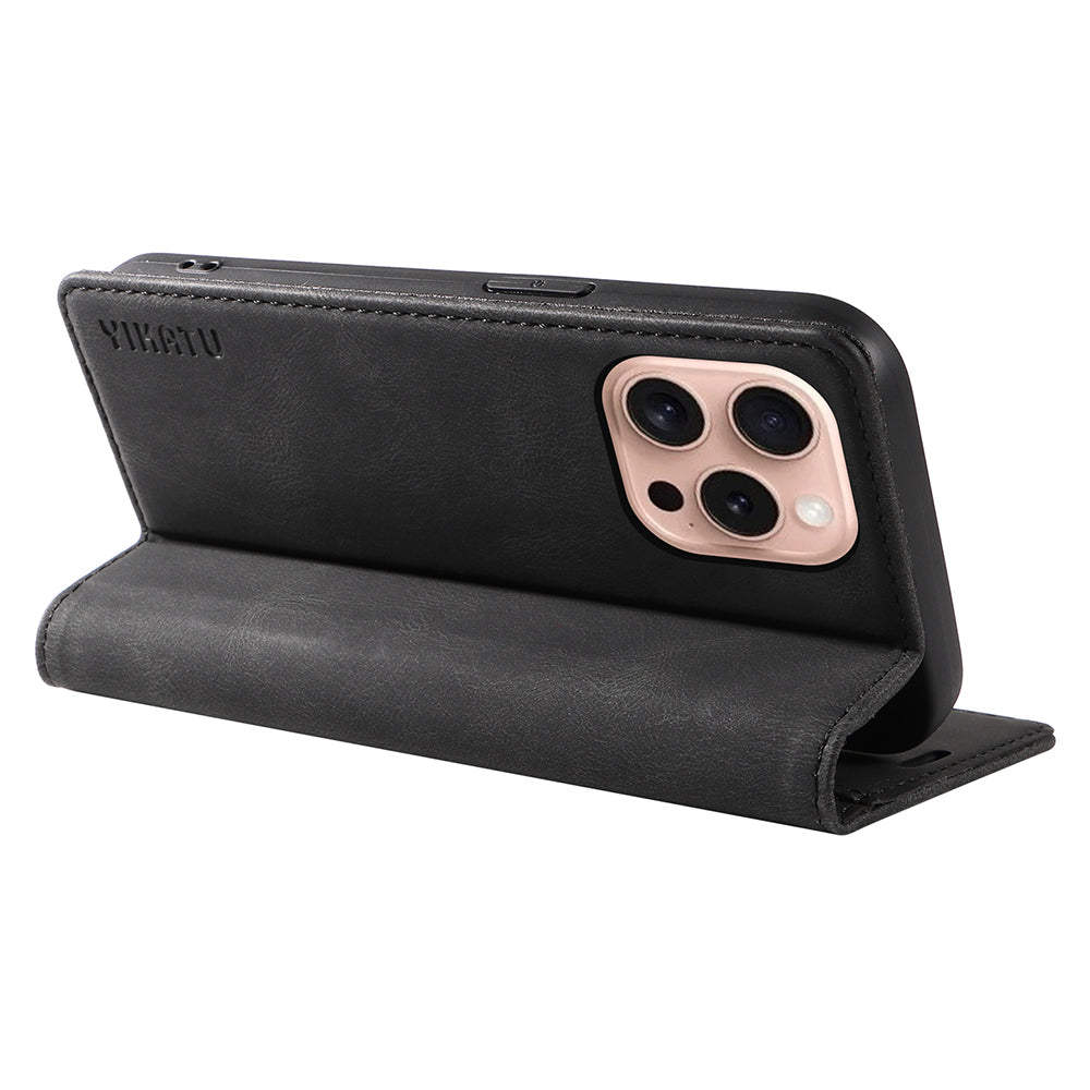 YIKATU YK-004 For iPhone 16 Pro Case Leather Phone Cover Magnetic Absorption Stand Function - Black