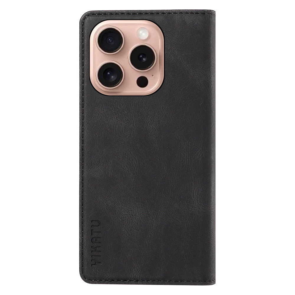 YIKATU YK-004 For iPhone 16 Pro Case Leather Phone Cover Magnetic Absorption Stand Function - Black