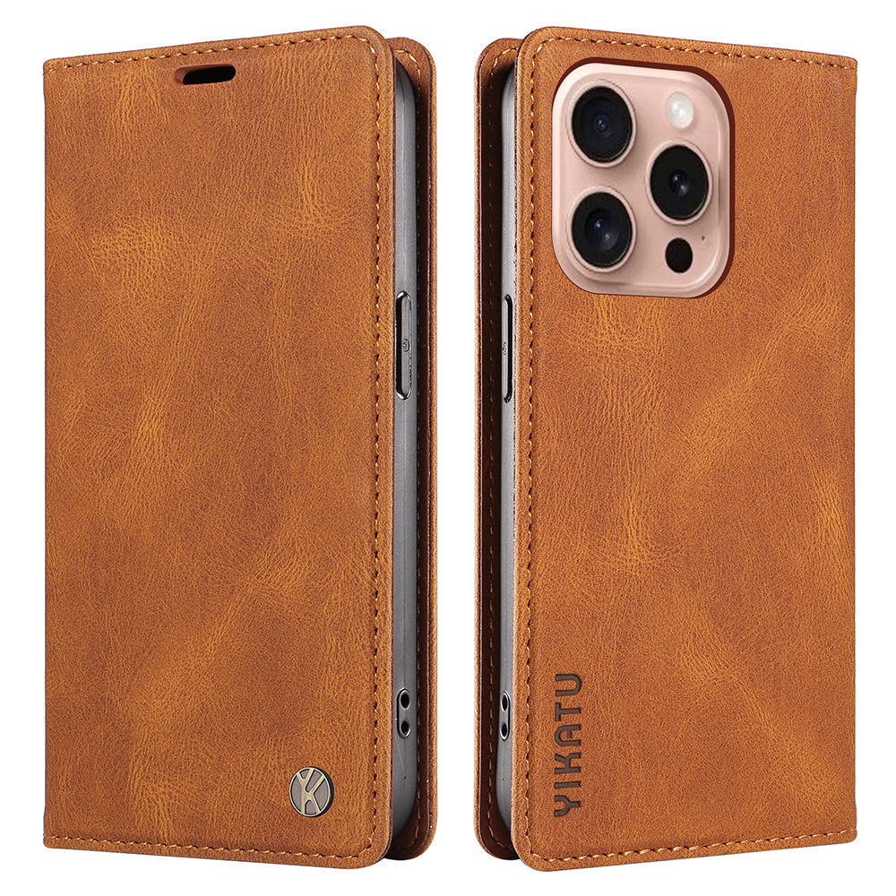 YIKATU YK-004 For iPhone 16 Pro Case Leather Phone Cover Magnetic Absorption Stand Function - Brown