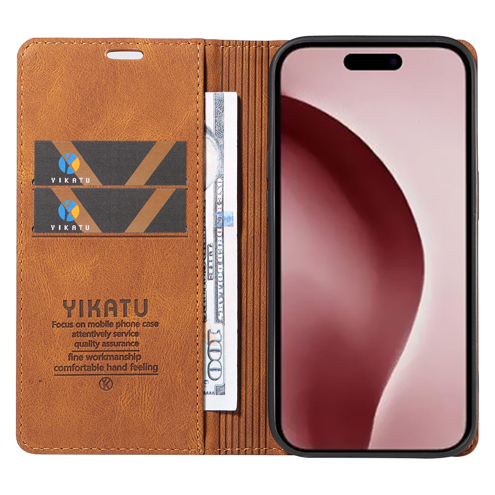 YIKATU YK-004 For iPhone 16 Pro Case Leather Phone Cover Magnetic Absorption Stand Function - Brown