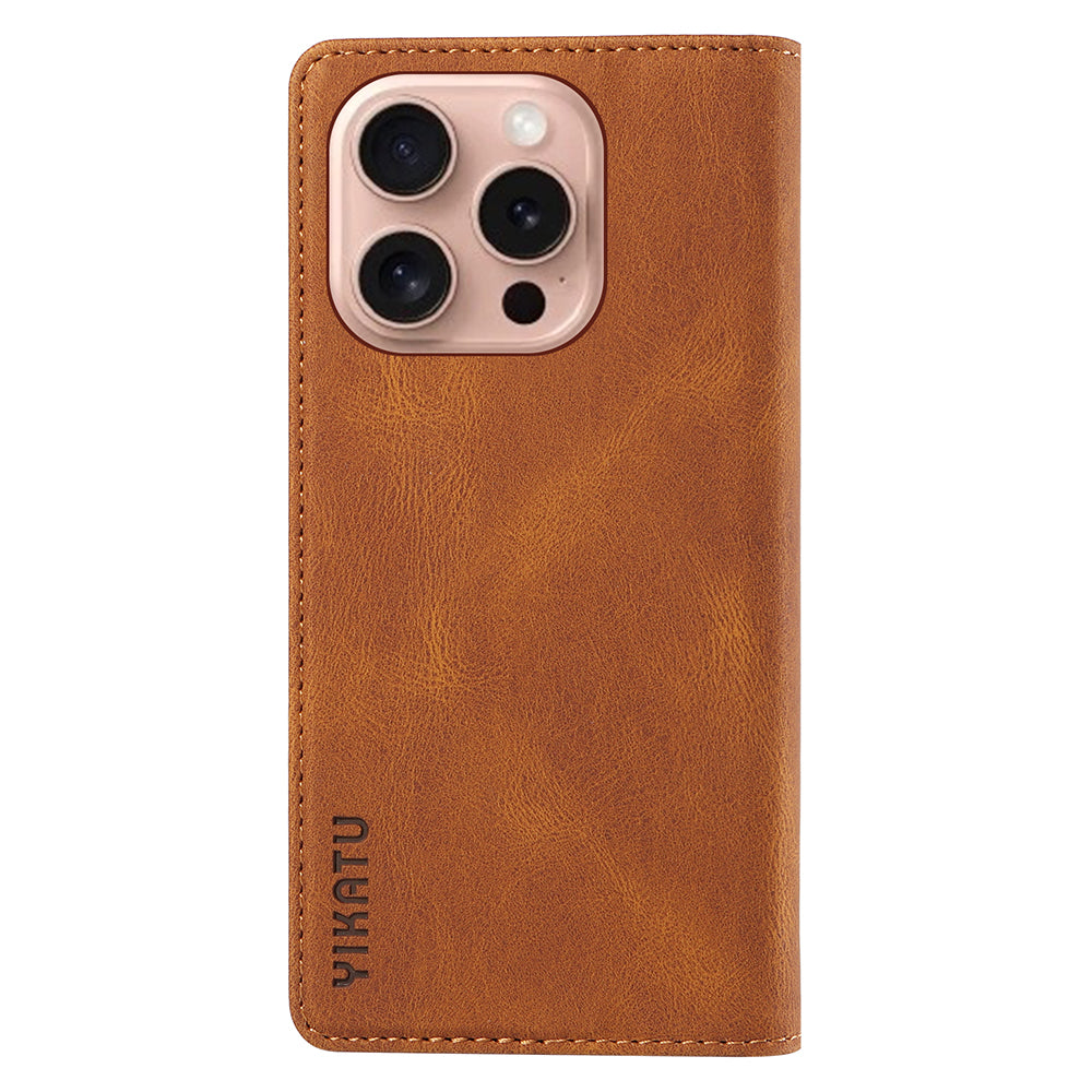 YIKATU YK-004 For iPhone 16 Pro Case Leather Phone Cover Magnetic Absorption Stand Function - Brown