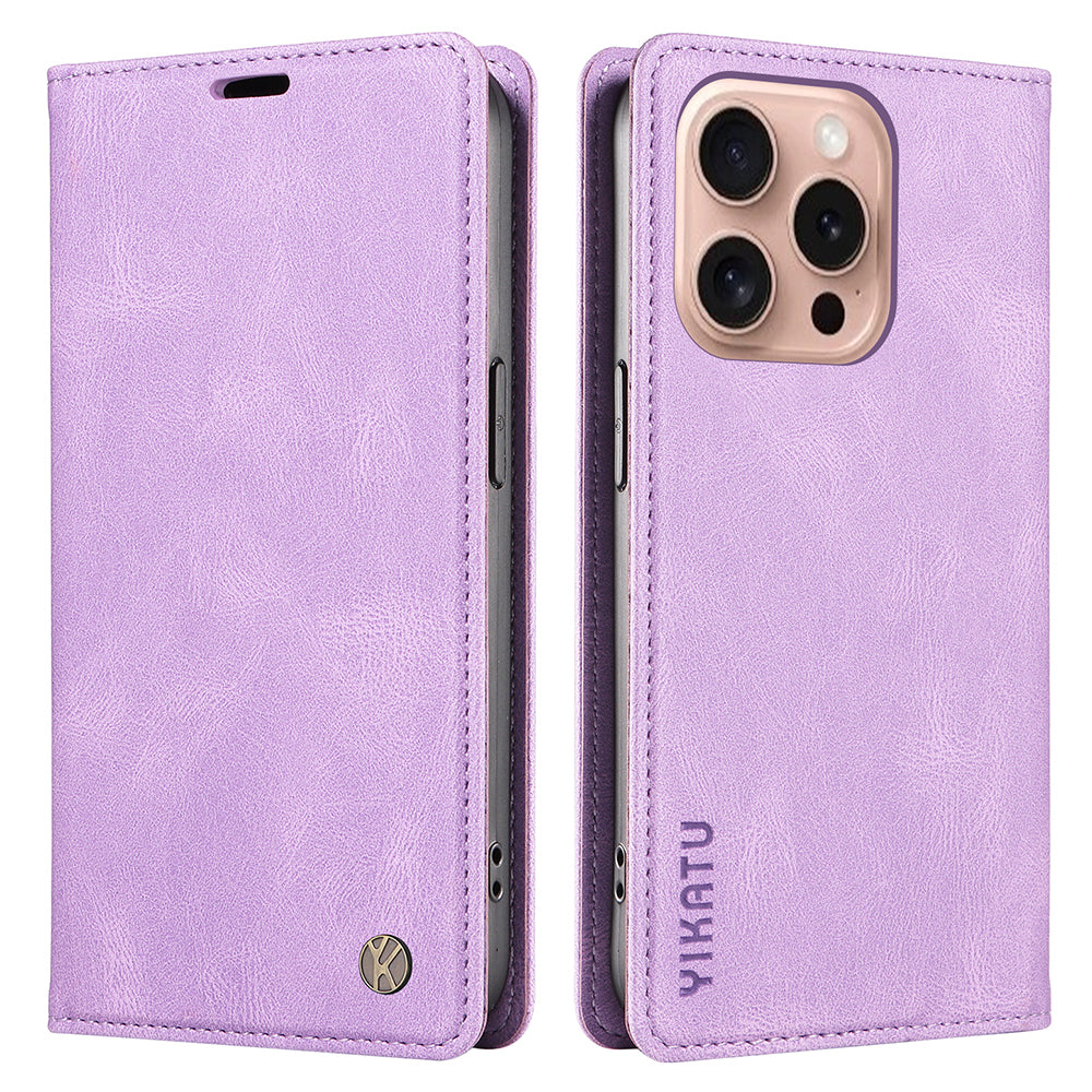 YIKATU YK-004 For iPhone 16 Pro Case Leather Phone Cover Magnetic Absorption Stand Function - Purple