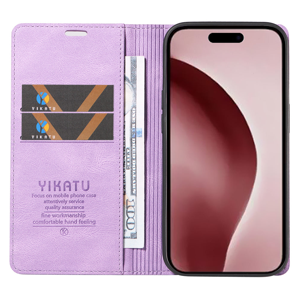 YIKATU YK-004 For iPhone 16 Pro Case Leather Phone Cover Magnetic Absorption Stand Function - Purple