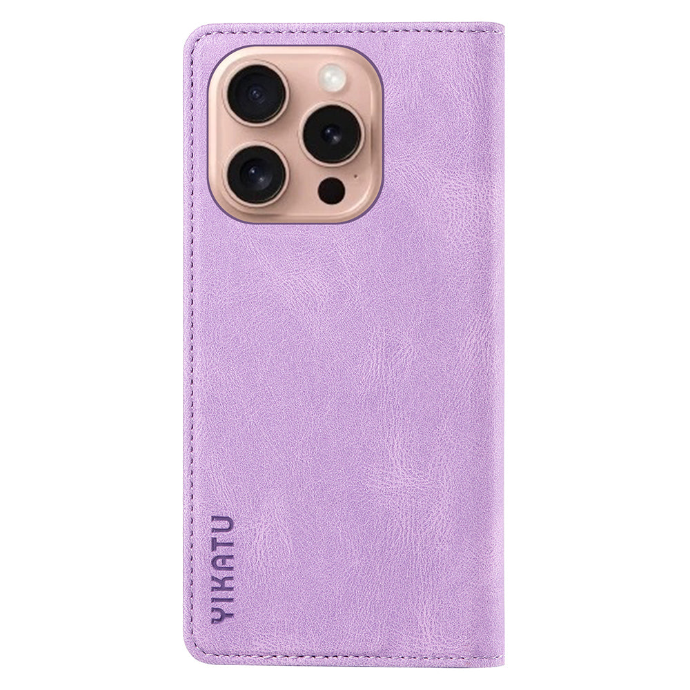 YIKATU YK-004 For iPhone 16 Pro Case Leather Phone Cover Magnetic Absorption Stand Function - Purple