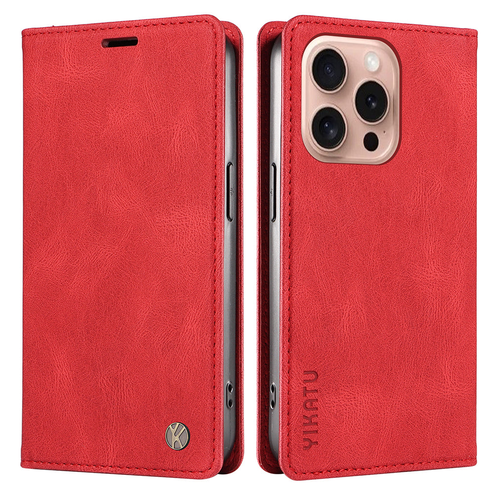 YIKATU YK-004 For iPhone 16 Pro Case Leather Phone Cover Magnetic Absorption Stand Function - Red