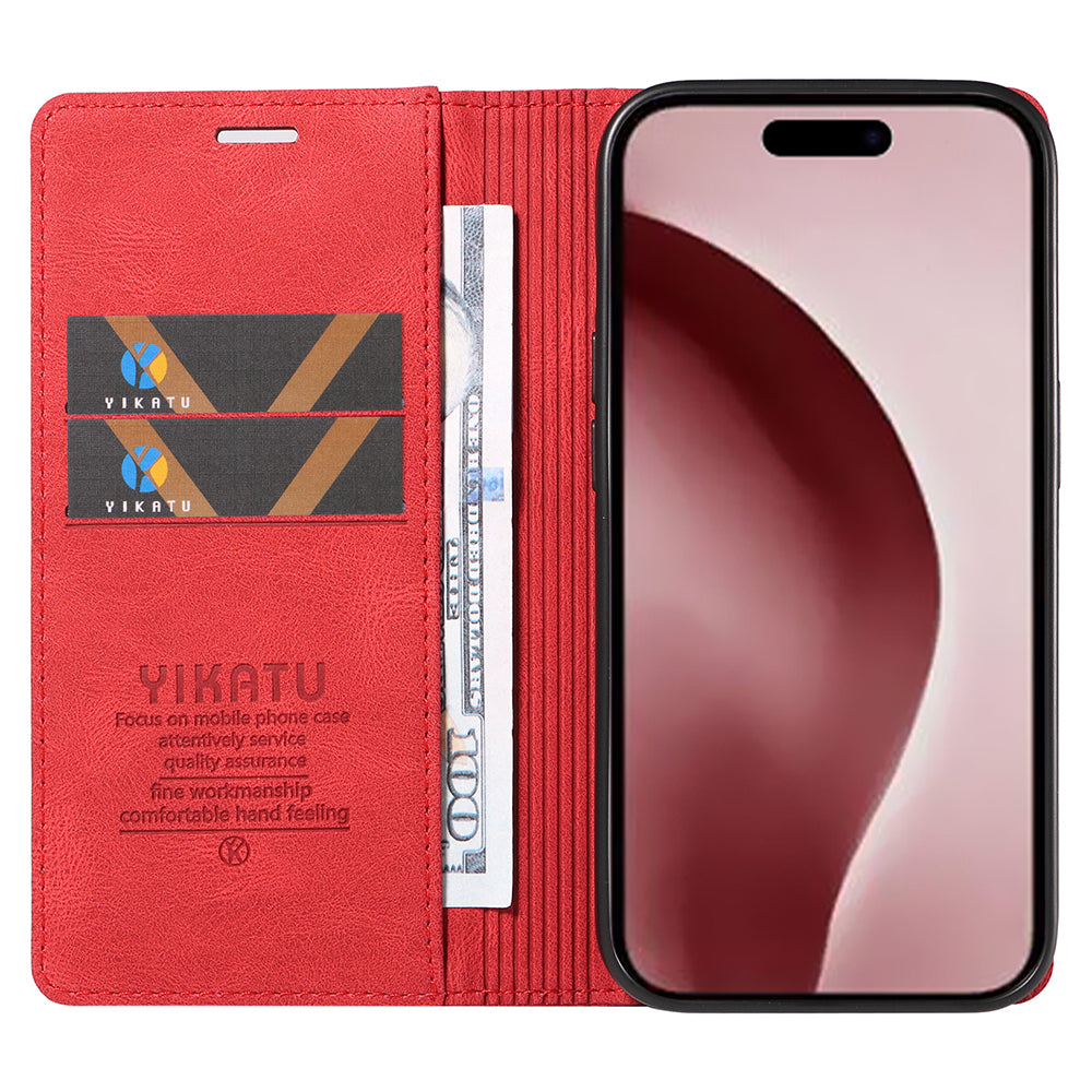 YIKATU YK-004 For iPhone 16 Pro Case Leather Phone Cover Magnetic Absorption Stand Function - Red