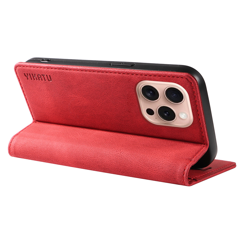 YIKATU YK-004 For iPhone 16 Pro Case Leather Phone Cover Magnetic Absorption Stand Function - Red