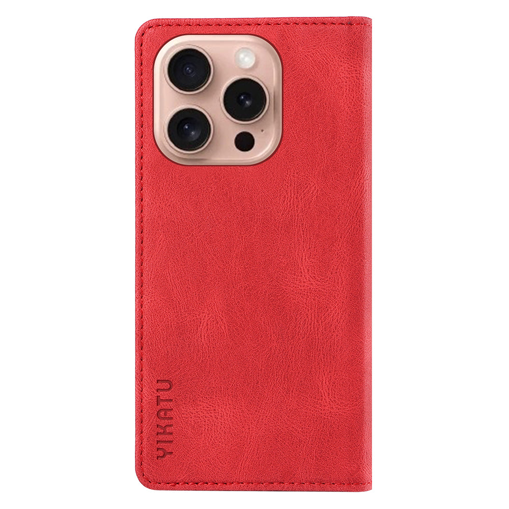 YIKATU YK-004 For iPhone 16 Pro Case Leather Phone Cover Magnetic Absorption Stand Function - Red