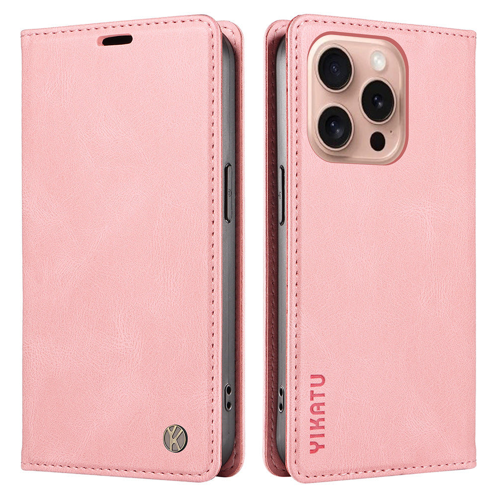 YIKATU YK-004 For iPhone 16 Pro Case Leather Phone Cover Magnetic Absorption Stand Function - Pink