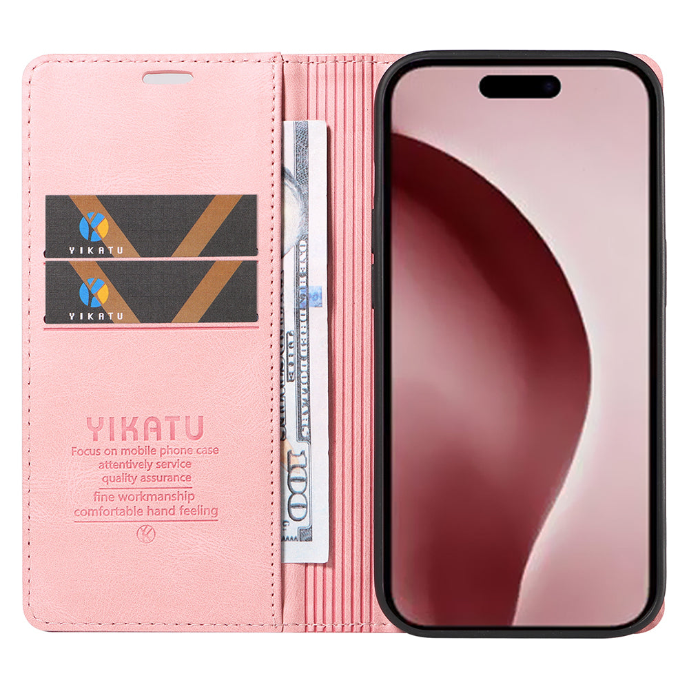 YIKATU YK-004 For iPhone 16 Pro Case Leather Phone Cover Magnetic Absorption Stand Function - Pink