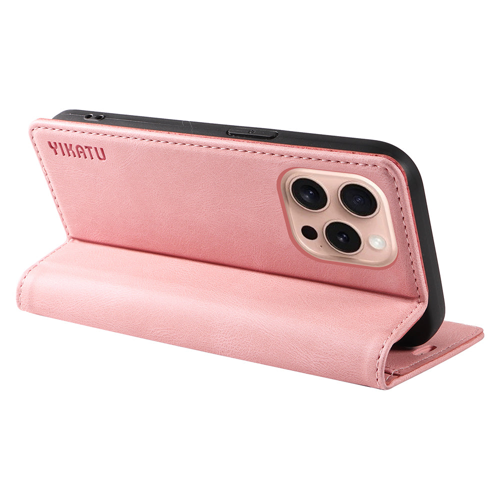 YIKATU YK-004 For iPhone 16 Pro Case Leather Phone Cover Magnetic Absorption Stand Function - Pink