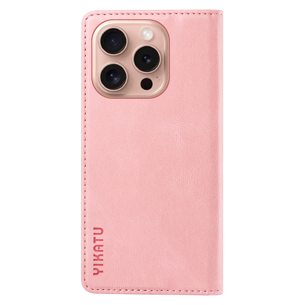 YIKATU YK-004 For iPhone 16 Pro Case Leather Phone Cover Magnetic Absorption Stand Function - Pink