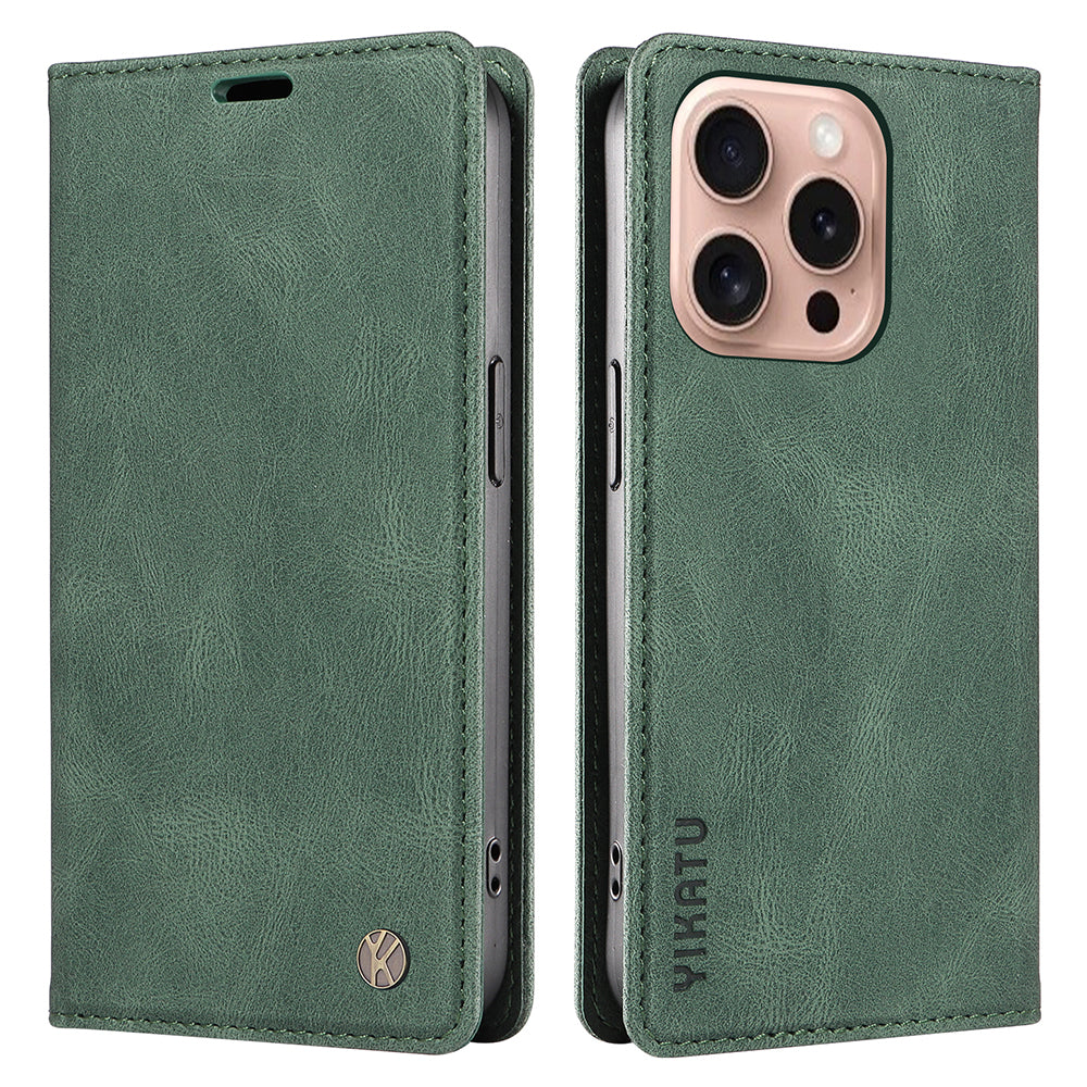 YIKATU YK-004 For iPhone 16 Pro Case Leather Phone Cover Magnetic Absorption Stand Function - Green