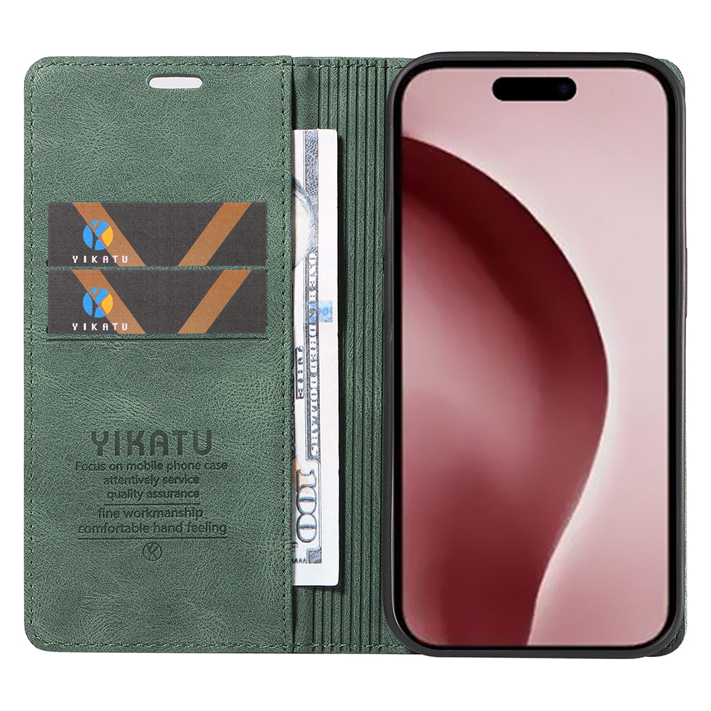 YIKATU YK-004 For iPhone 16 Pro Case Leather Phone Cover Magnetic Absorption Stand Function - Green