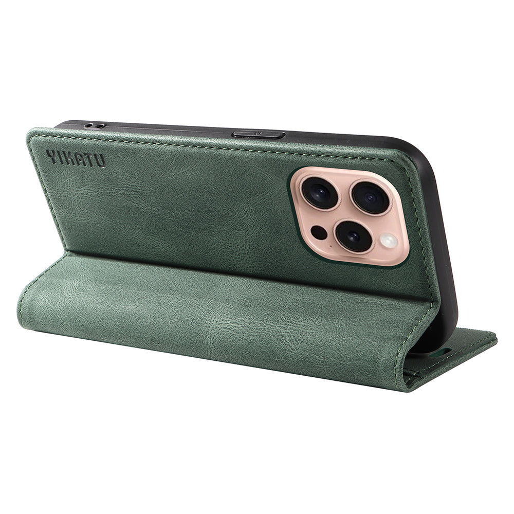 YIKATU YK-004 For iPhone 16 Pro Case Leather Phone Cover Magnetic Absorption Stand Function - Green