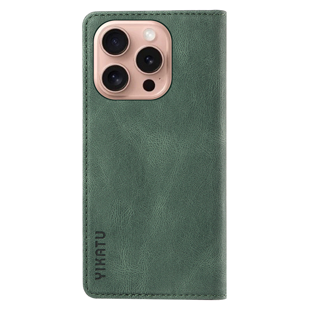 YIKATU YK-004 For iPhone 16 Pro Case Leather Phone Cover Magnetic Absorption Stand Function - Green