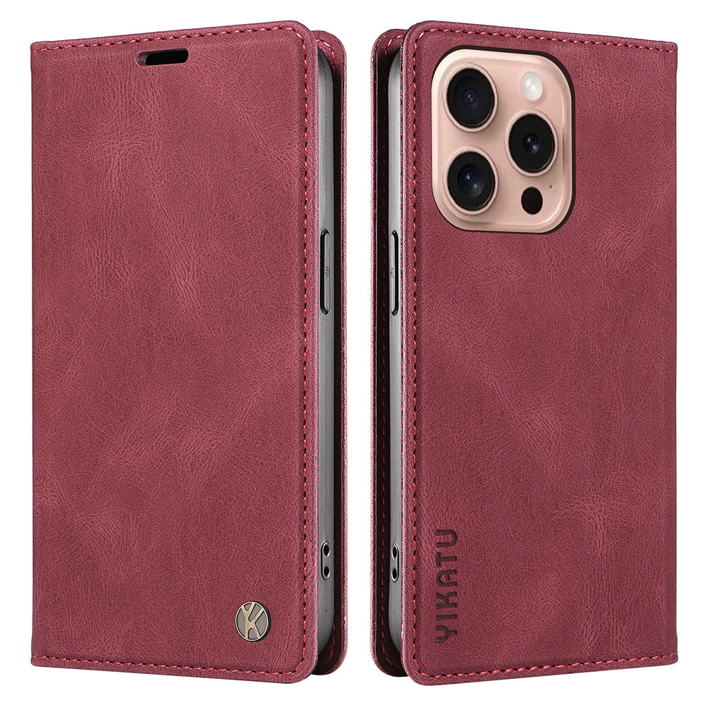 YIKATU YK-004 For iPhone 16 Pro Case Leather Phone Cover Magnetic Absorption Stand Function - Wine Red