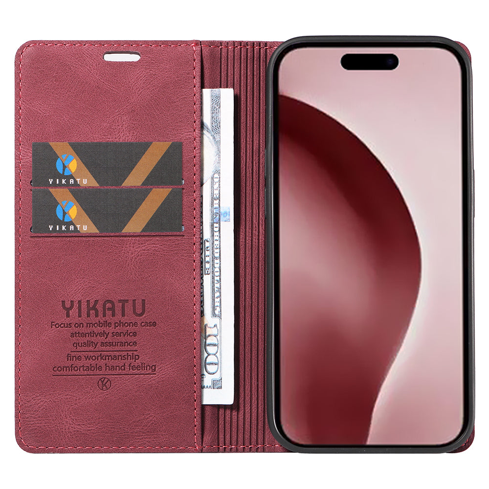 YIKATU YK-004 For iPhone 16 Pro Case Leather Phone Cover Magnetic Absorption Stand Function - Wine Red