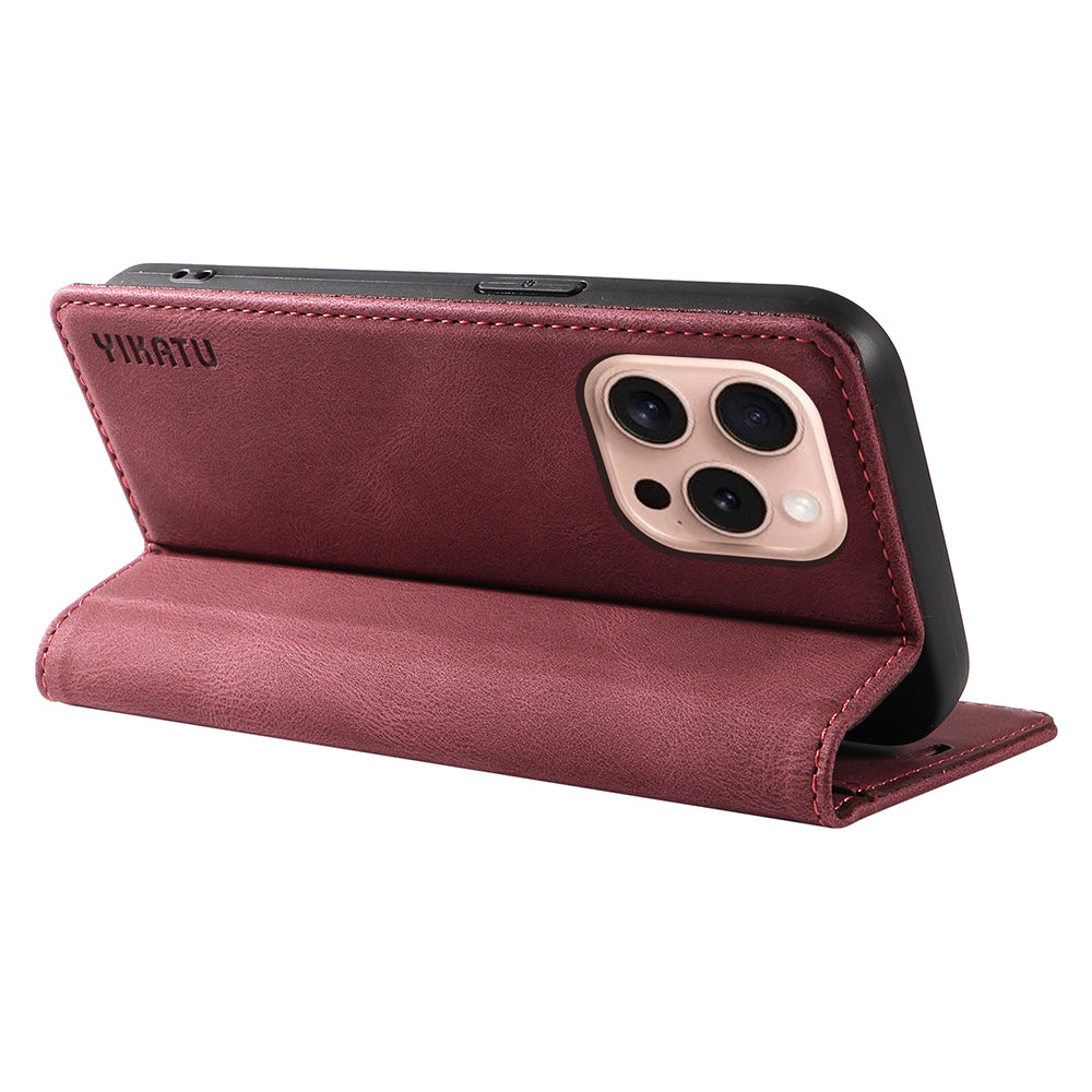 YIKATU YK-004 For iPhone 16 Pro Case Leather Phone Cover Magnetic Absorption Stand Function - Wine Red