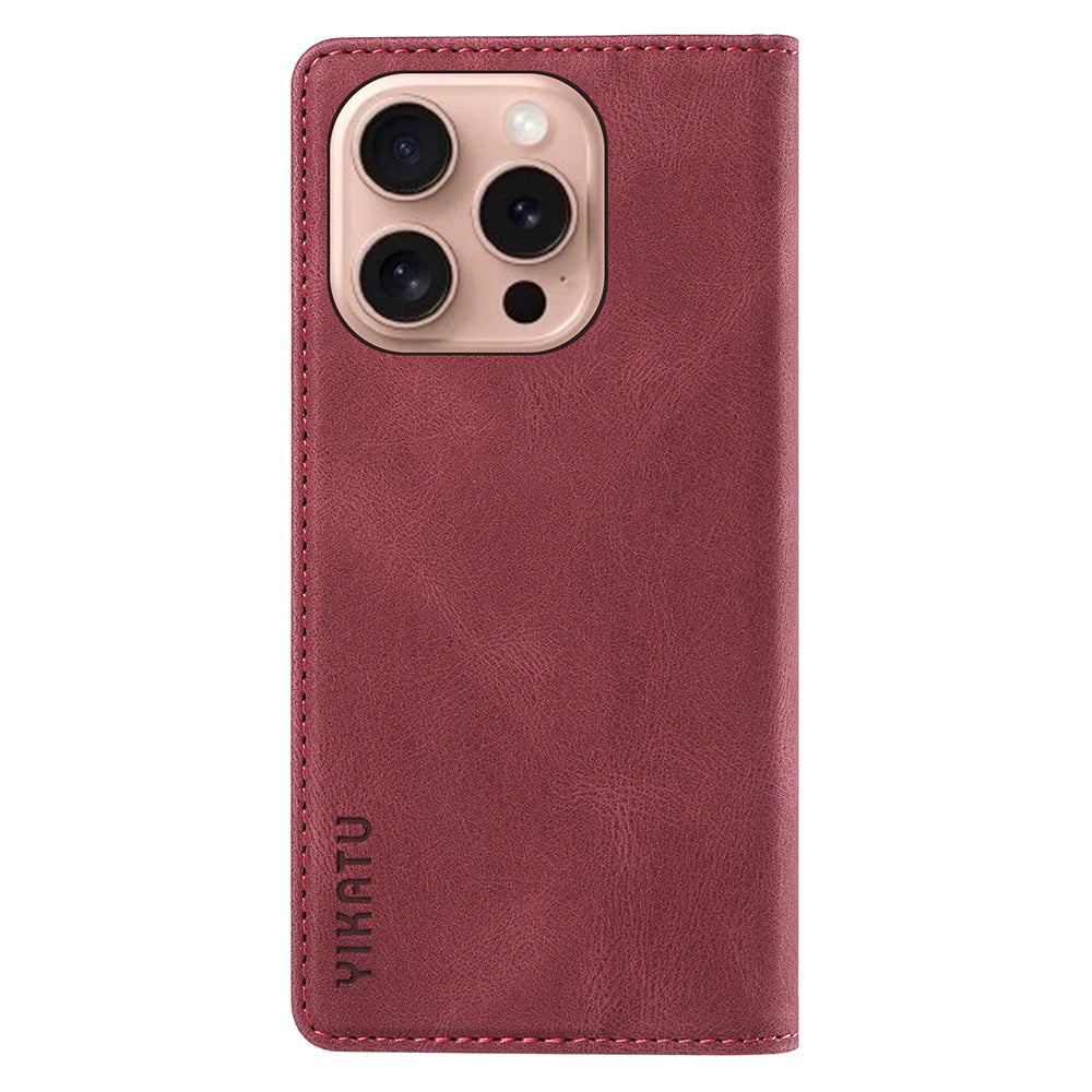 YIKATU YK-004 For iPhone 16 Pro Case Leather Phone Cover Magnetic Absorption Stand Function - Wine Red