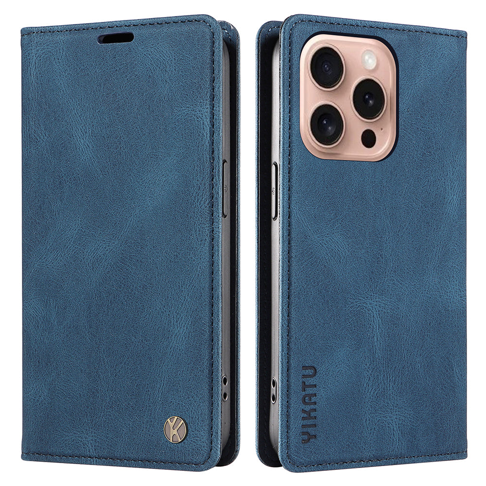 YIKATU YK-004 For iPhone 16 Pro Case Leather Phone Cover Magnetic Absorption Stand Function - Blue