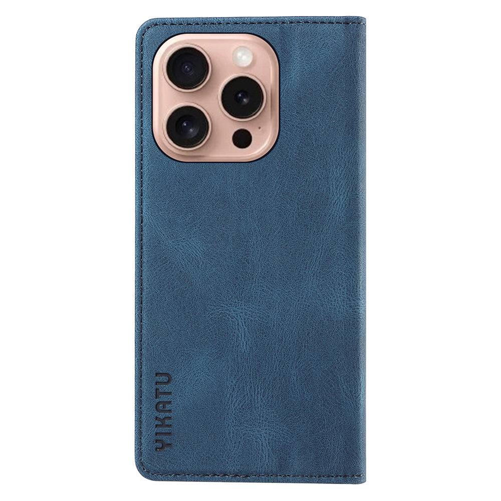 YIKATU YK-004 For iPhone 16 Pro Case Leather Phone Cover Magnetic Absorption Stand Function - Blue