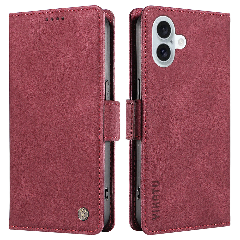 YIKATU YK-005 For iPhone 16 Plus Case Wallet Leather Phone Cover - Wine Red