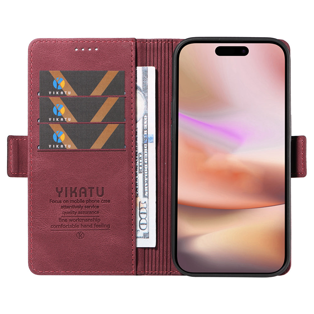 YIKATU YK-005 For iPhone 16 Plus Case Wallet Leather Phone Cover - Wine Red