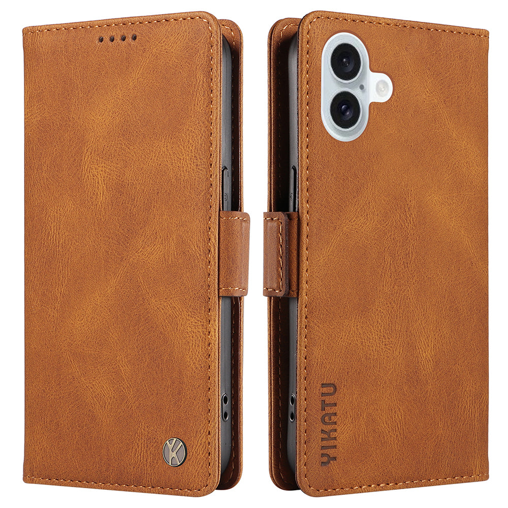 YIKATU YK-005 For iPhone 16 Plus Case Wallet Leather Phone Cover - Brown