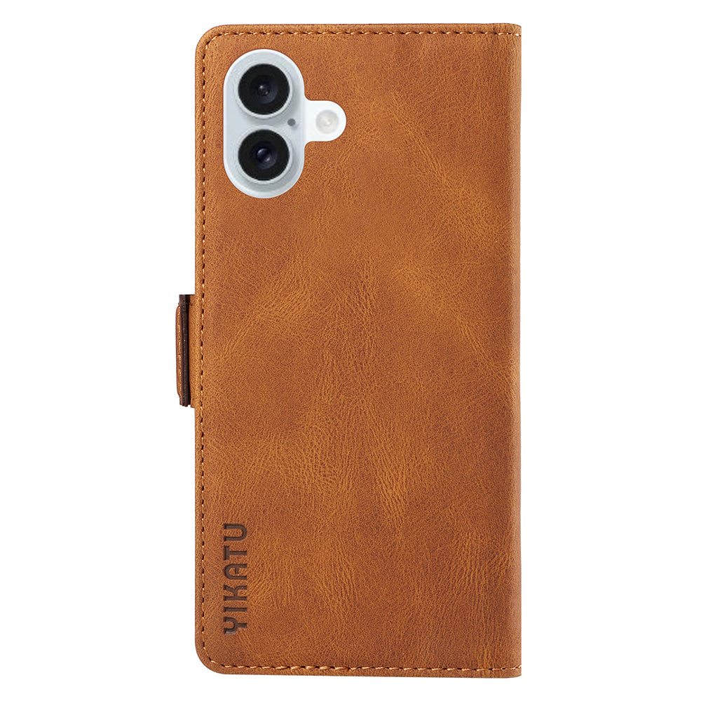 YIKATU YK-005 For iPhone 16 Plus Case Wallet Leather Phone Cover - Brown