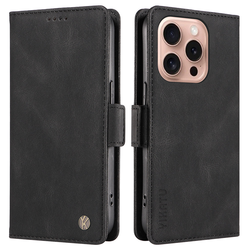 YIKATU YK-005 For iPhone 16 Pro Case Skin-Touch Leather Wallet Phone Cover - Black