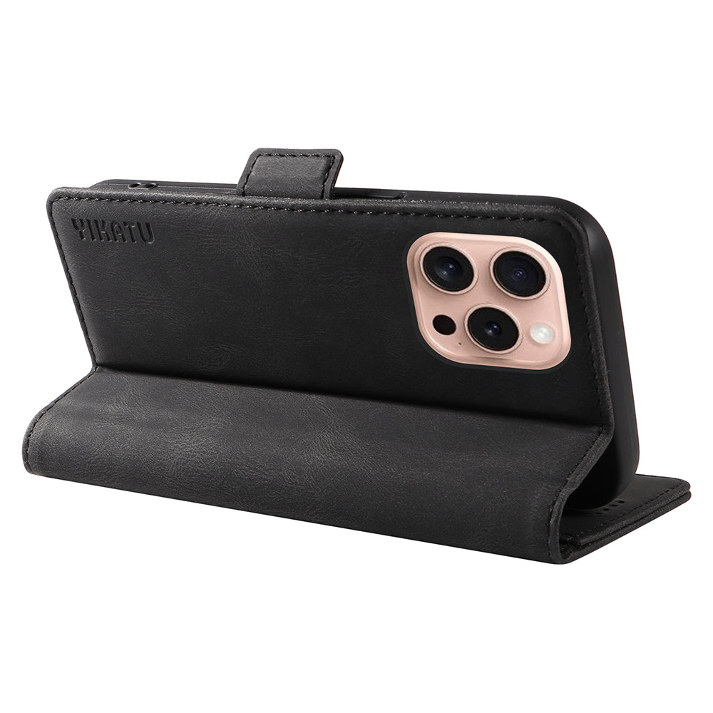 YIKATU YK-005 For iPhone 16 Pro Case Skin-Touch Leather Wallet Phone Cover - Black