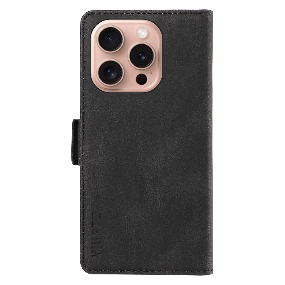 YIKATU YK-005 For iPhone 16 Pro Case Skin-Touch Leather Wallet Phone Cover - Black