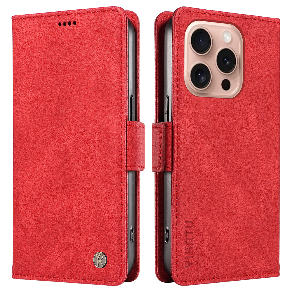 YIKATU YK-005 For iPhone 16 Pro Case Skin-Touch Leather Wallet Phone Cover - Red