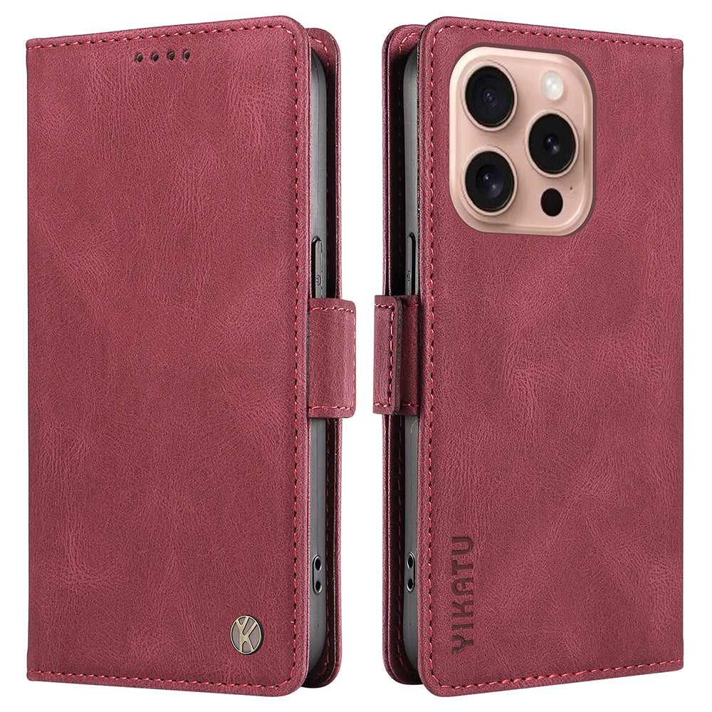 YIKATU YK-005 For iPhone 16 Pro Case Skin-Touch Leather Wallet Phone Cover - Wine Red