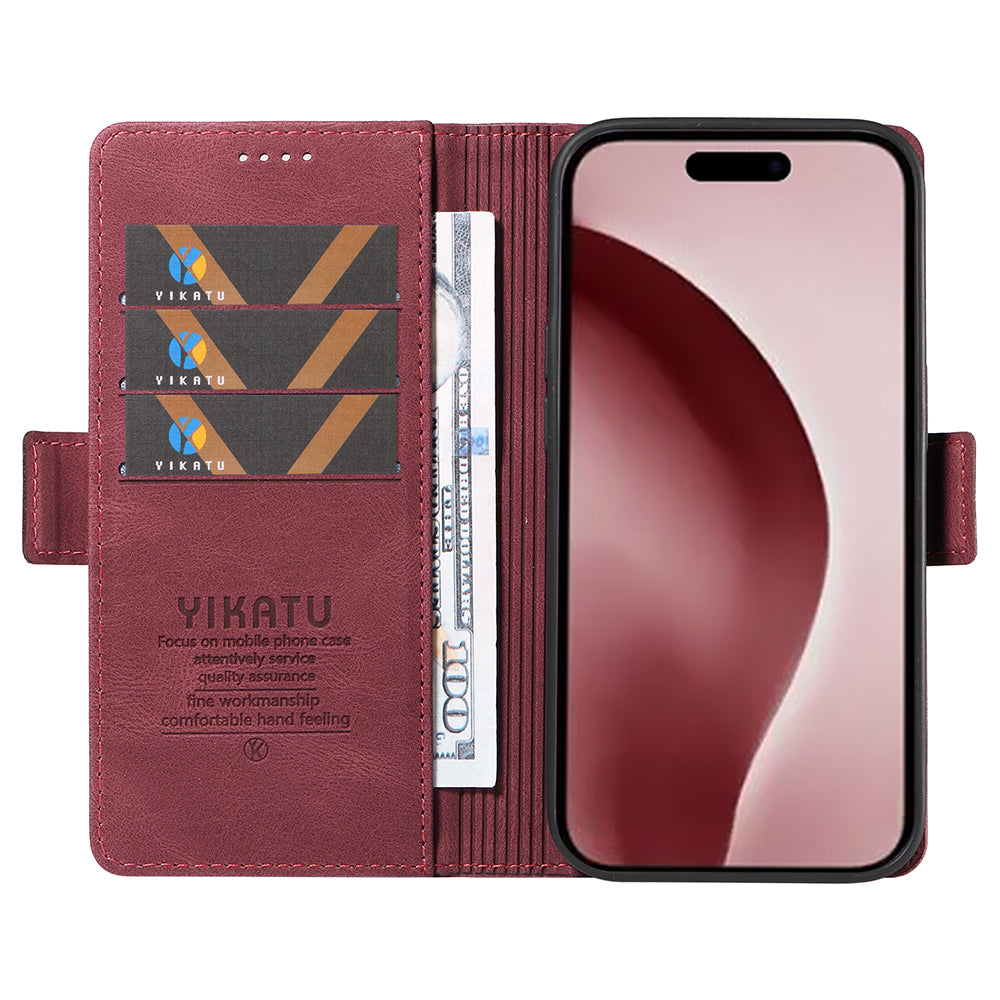 YIKATU YK-005 For iPhone 16 Pro Case Skin-Touch Leather Wallet Phone Cover - Wine Red