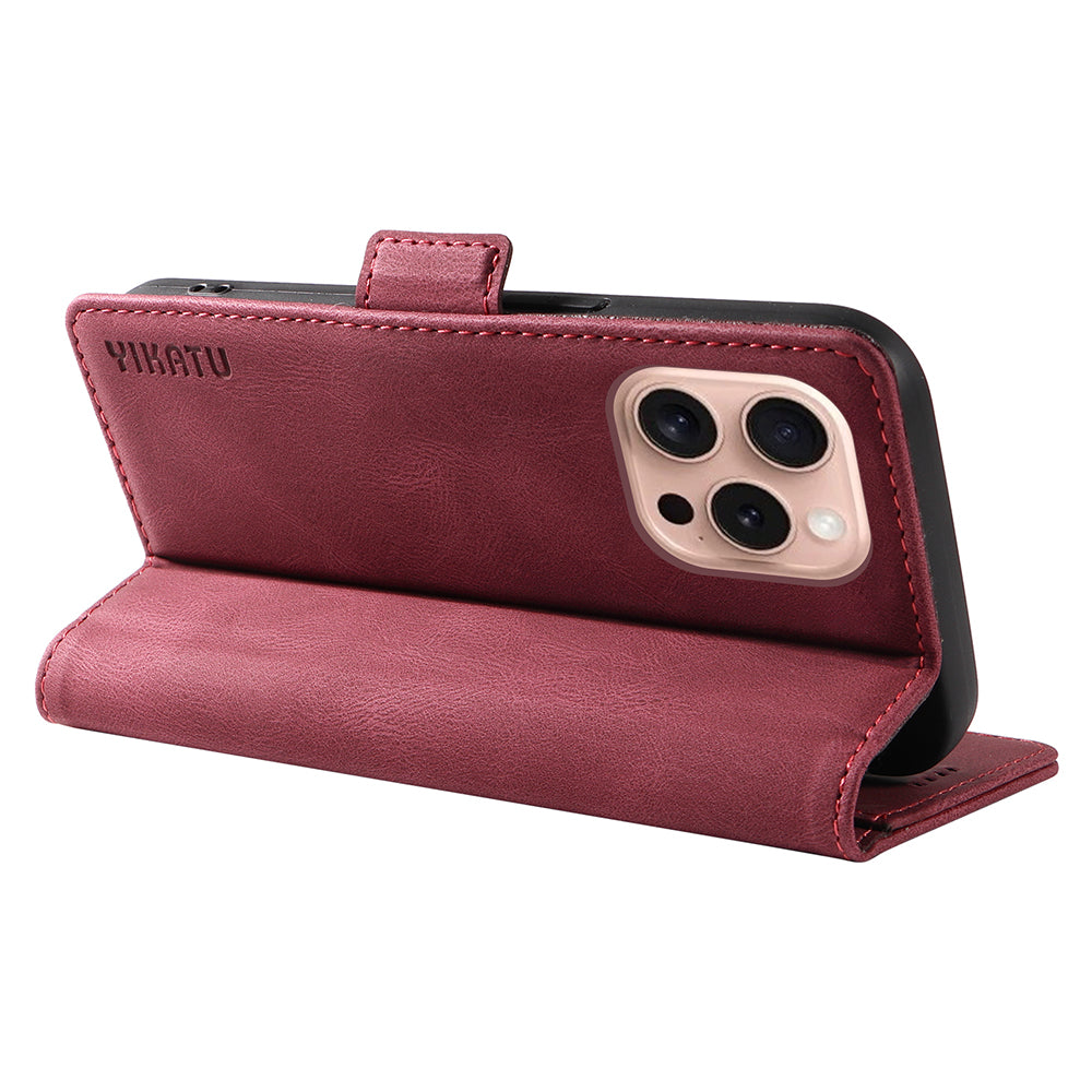 YIKATU YK-005 For iPhone 16 Pro Case Skin-Touch Leather Wallet Phone Cover - Wine Red