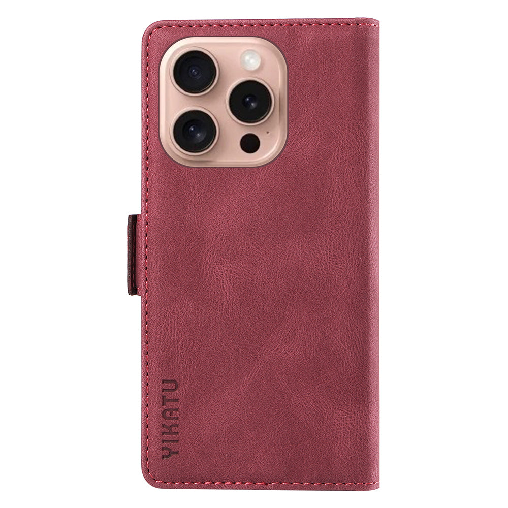 YIKATU YK-005 For iPhone 16 Pro Case Skin-Touch Leather Wallet Phone Cover - Wine Red