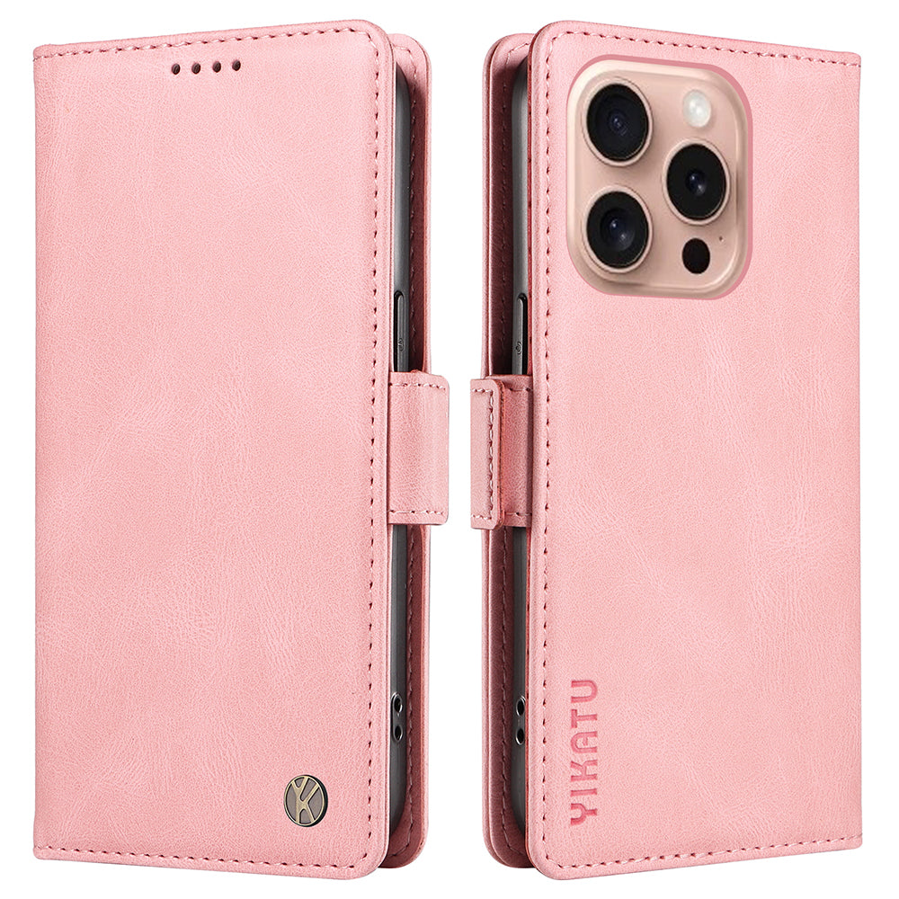 YIKATU YK-005 For iPhone 16 Pro Case Skin-Touch Leather Wallet Phone Cover - Pink