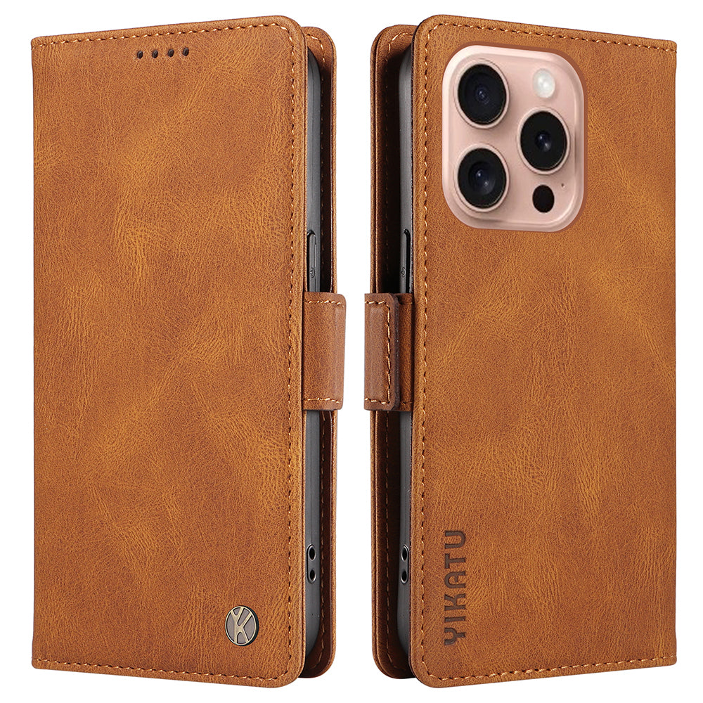 YIKATU YK-005 For iPhone 16 Pro Case Skin-Touch Leather Wallet Phone Cover - Brown