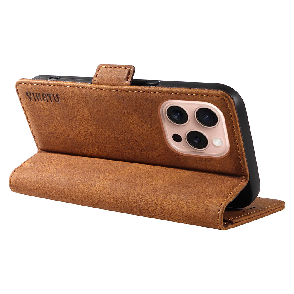 YIKATU YK-005 For iPhone 16 Pro Case Skin-Touch Leather Wallet Phone Cover - Brown