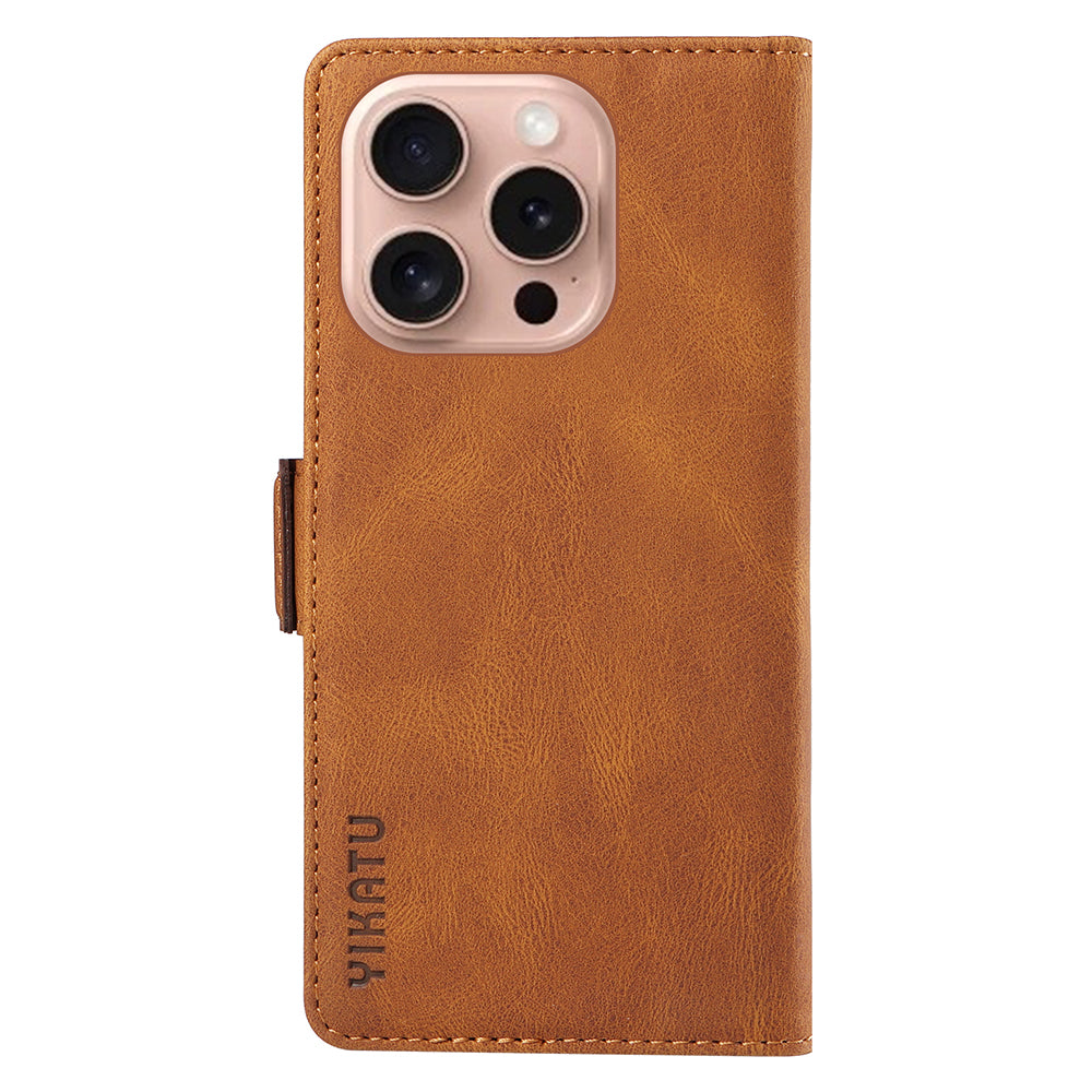 YIKATU YK-005 For iPhone 16 Pro Case Skin-Touch Leather Wallet Phone Cover - Brown