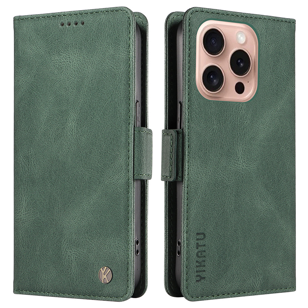 YIKATU YK-005 For iPhone 16 Pro Case Skin-Touch Leather Wallet Phone Cover - Green