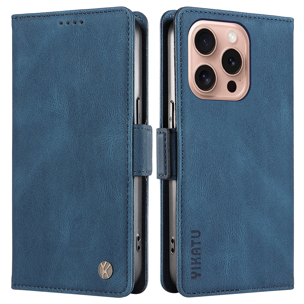 YIKATU YK-005 For iPhone 16 Pro Case Skin-Touch Leather Wallet Phone Cover - Blue