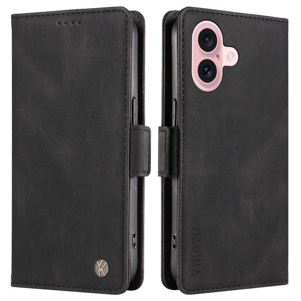 YIKATU YK-005 For iPhone 16 Case PU Leather Wallet Phone Cover Skin-Touch Feeling - Black