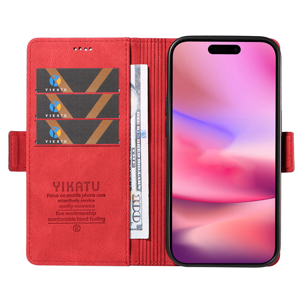 YIKATU YK-005 For iPhone 16 Case PU Leather Wallet Phone Cover Skin-Touch Feeling - Red