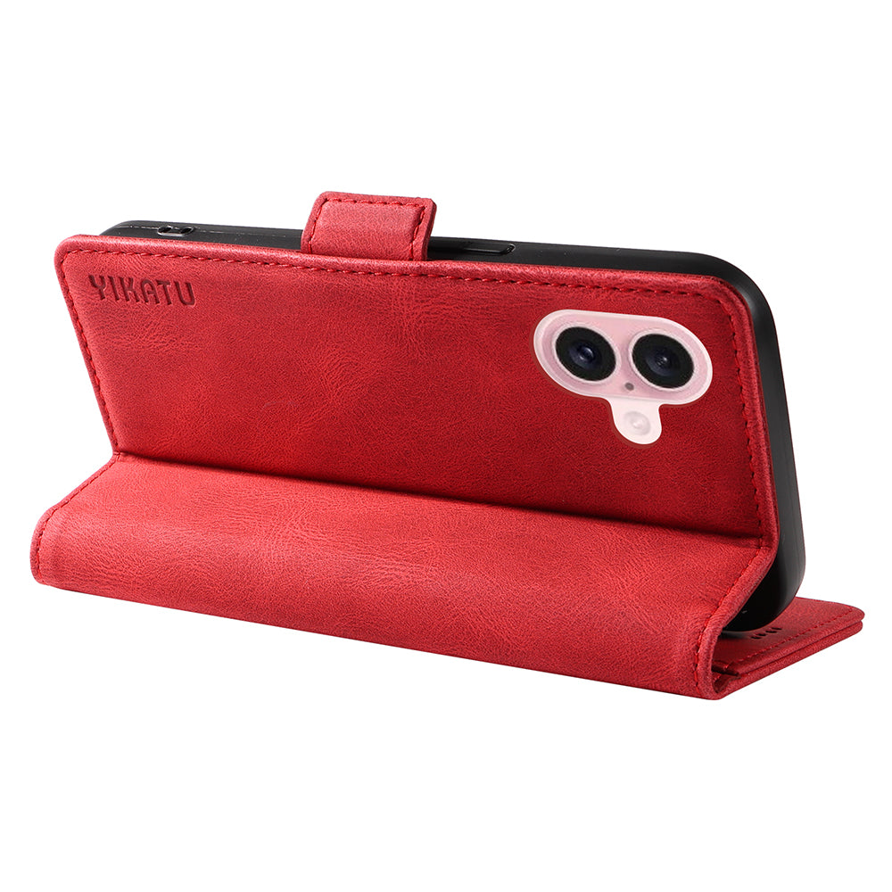 YIKATU YK-005 For iPhone 16 Case PU Leather Wallet Phone Cover Skin-Touch Feeling - Red