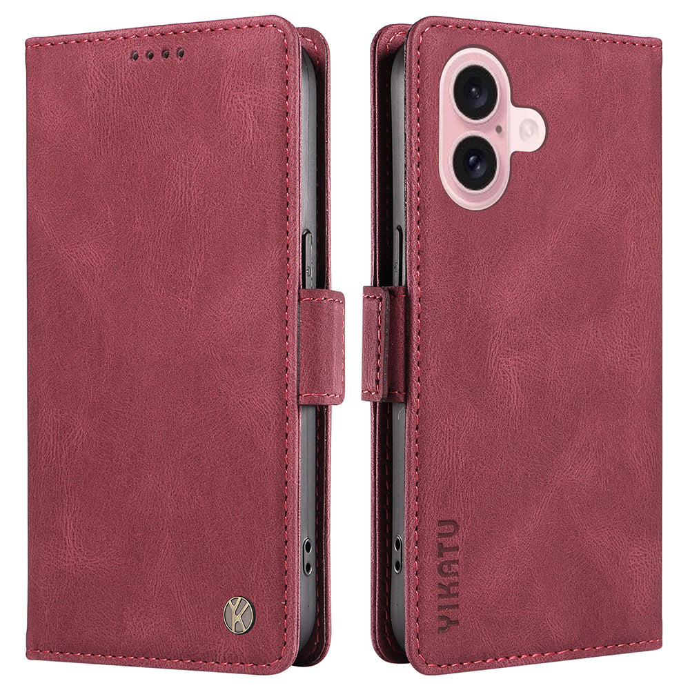 YIKATU YK-005 For iPhone 16 Case PU Leather Wallet Phone Cover Skin-Touch Feeling - Wine Red