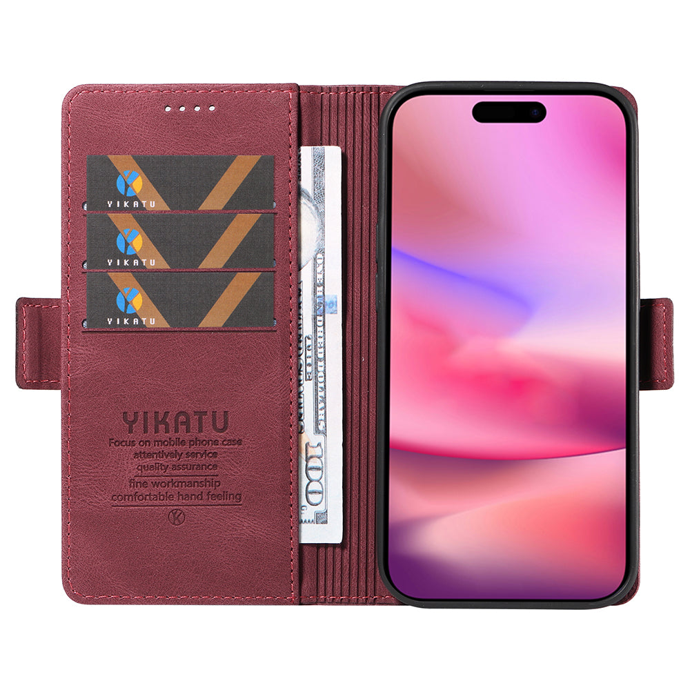 YIKATU YK-005 For iPhone 16 Case PU Leather Wallet Phone Cover Skin-Touch Feeling - Wine Red